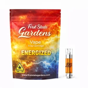 First State Gardens Energized premium cannabis vape cartridge 0.5g with vibrant multicolor gradient energy burst packaging 510 thread - Bear Middletown Smyrna Dover Camden dispensaries Delaware