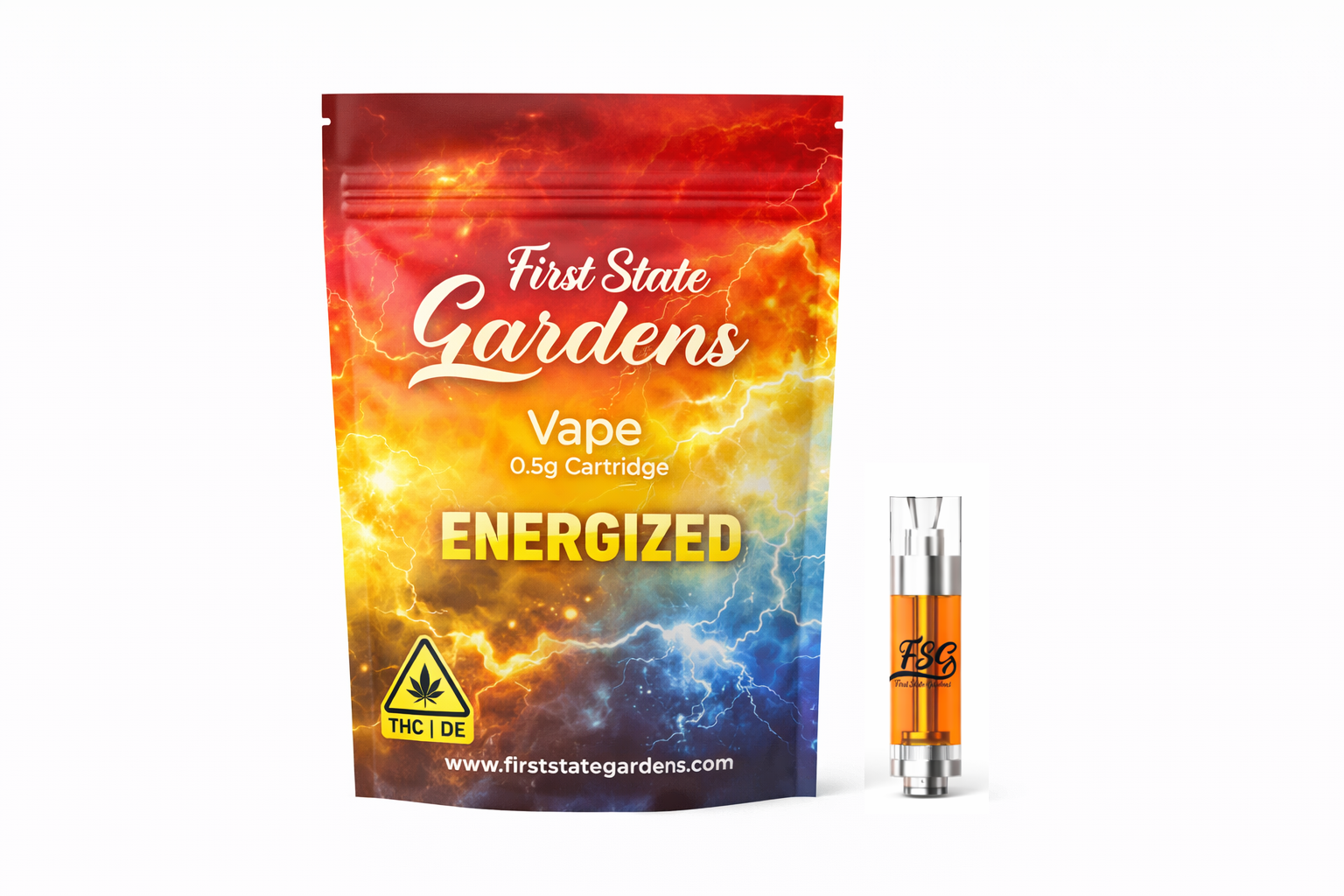 First State Gardens Energized premium cannabis vape cartridge 0.5g with vibrant multicolor gradient energy burst packaging 510 thread - Bear Middletown Smyrna Dover Camden dispensaries Delaware