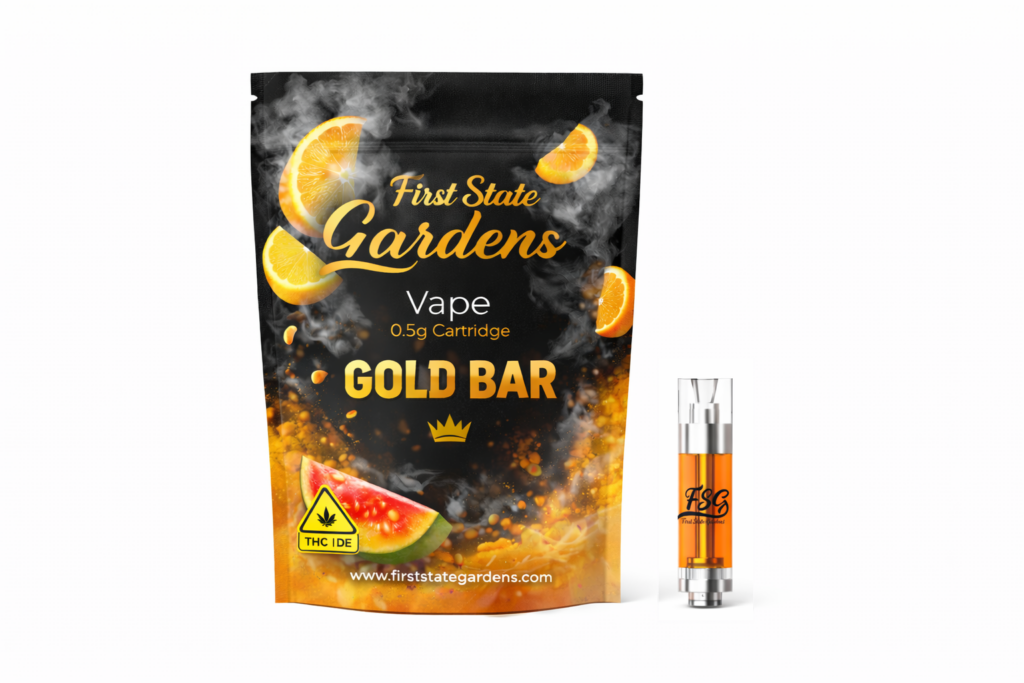 First State Gardens Gold Bar premium cannabis vape cartridge 0.5g with black and gold luxury packaging citrus fruit design 510 thread - Dover Wilmington Newark Lewes dispensaries Delaware