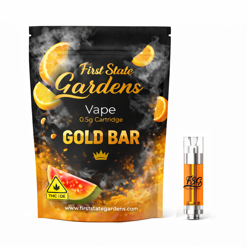 Gold Bar First State Gardens Gold Bar premium cannabis vape cartridge 0.5g with black and gold luxury packaging citrus fruit design 510 thread - Dover Wilmington Newark Lewes dispensaries Delaware