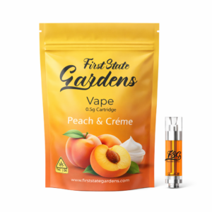 First State Gardens Peach and Creme premium cannabis vape cartridge 0.5g with golden yellow peach imagery packaging 510 thread - Rehoboth Beach Lewes Seaford Milford dispensaries Delaware