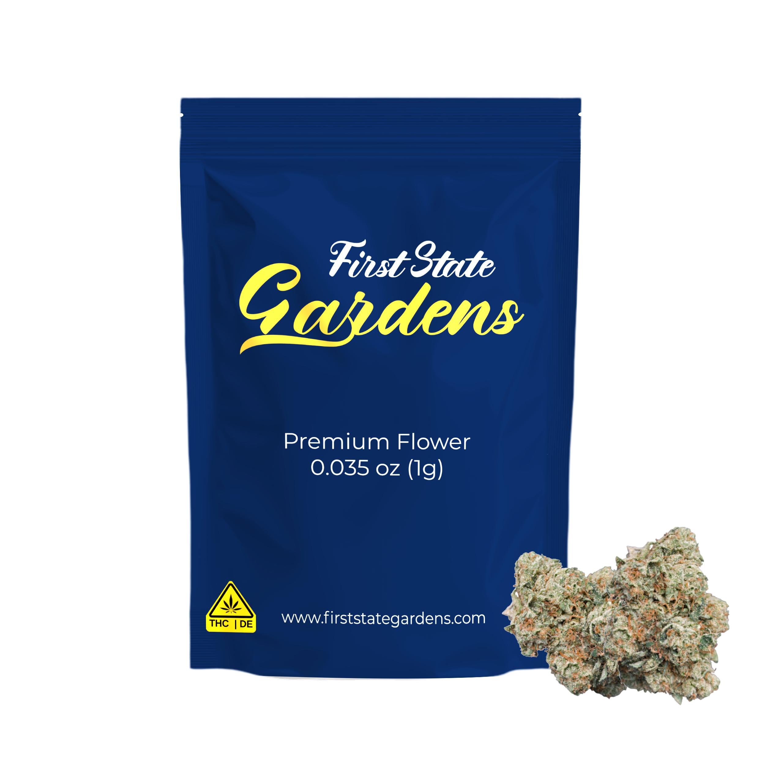 First State Gardens Air Force 1 strain premium cannabis flower 1g package with blue branded bag