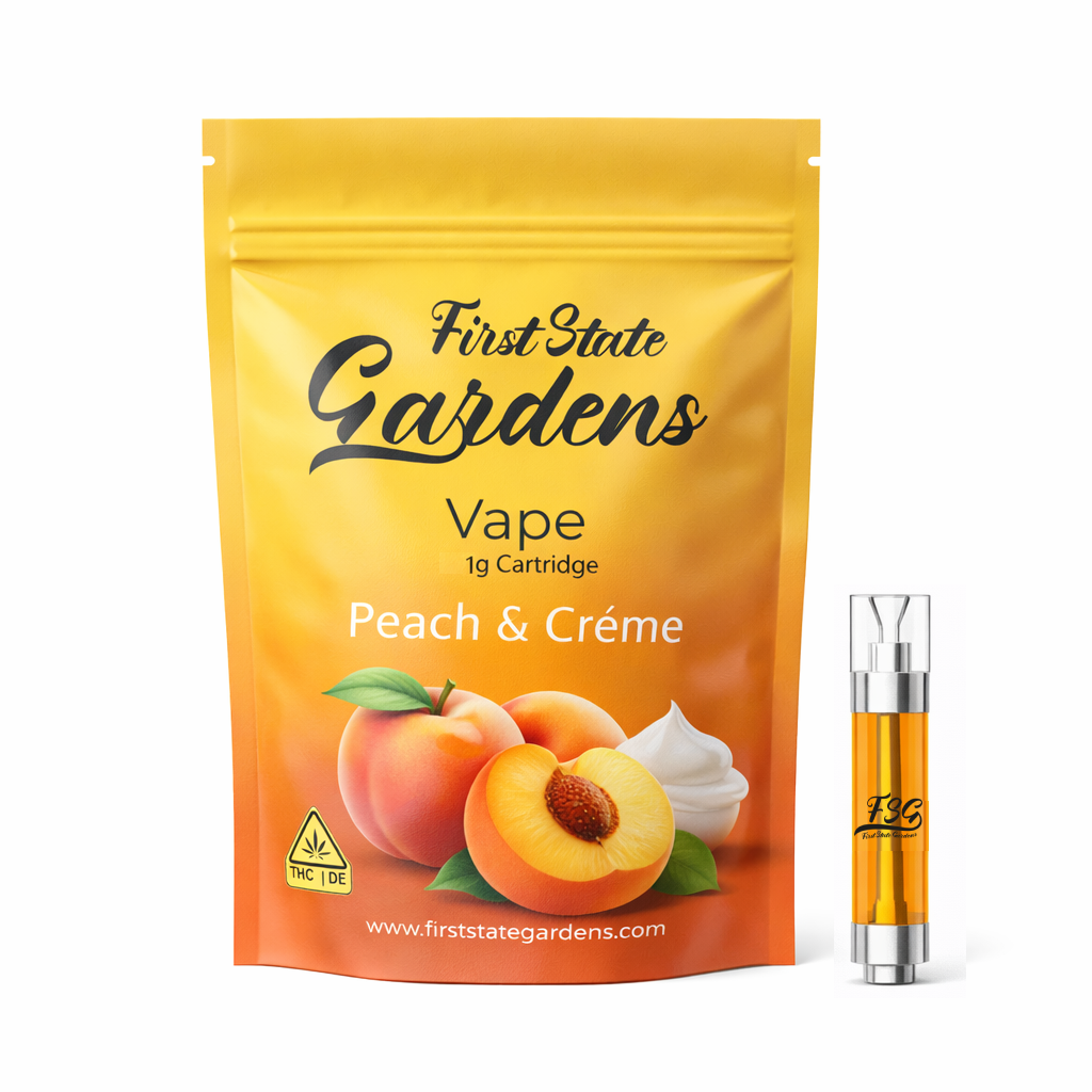 First State Gardens Peach and Creme premium cannabis vape cartridge 1g with golden yellow peach imagery packaging 510 thread - Rehoboth Beach Lewes Seaford Milford dispensaries Delaware