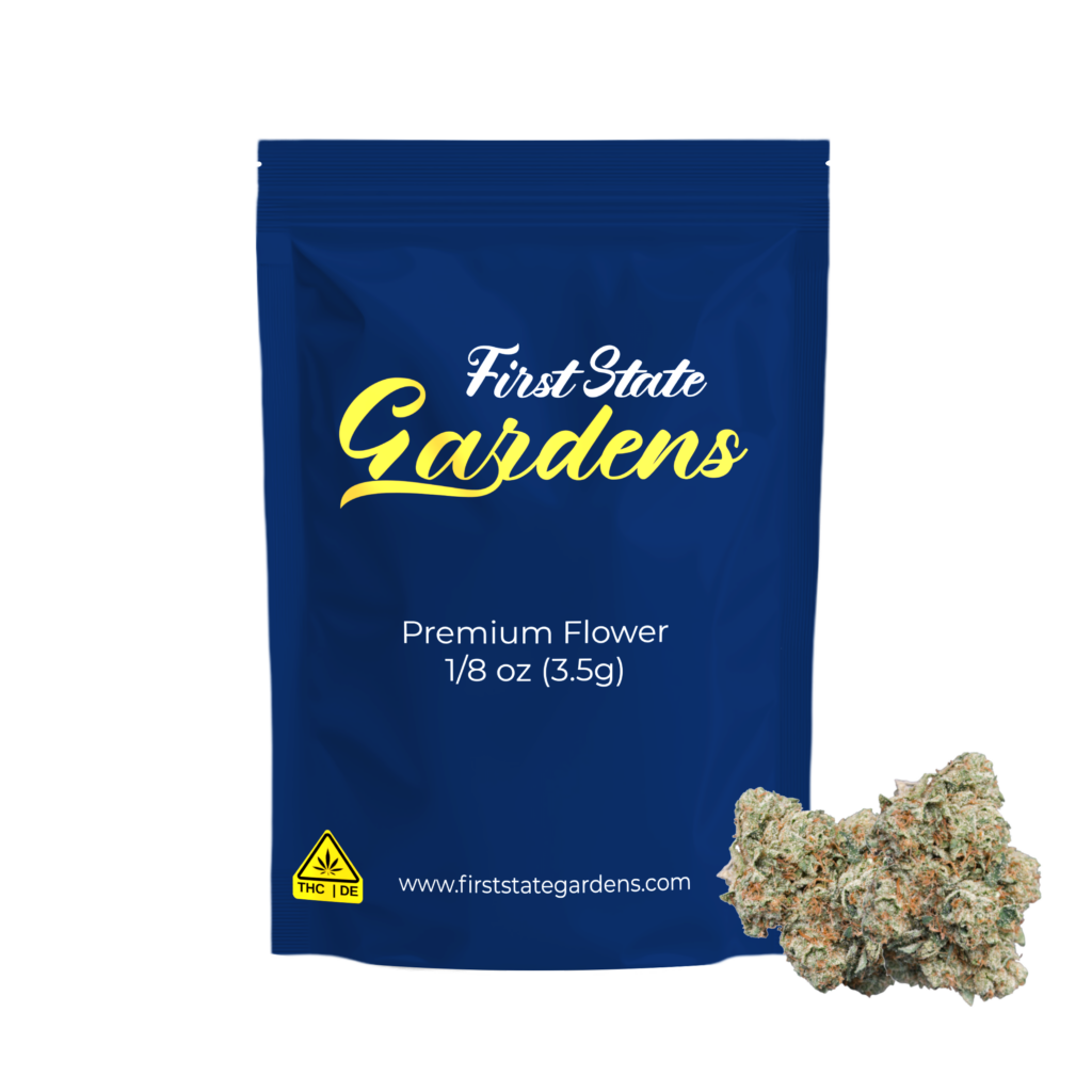 First State Gardens Air Force 1 strain premium cannabis flower 3.5g eighth package with blue branded bag and marijuana buds Delaware - Bear Lewes Milford Smyrna Clayton dispensaries