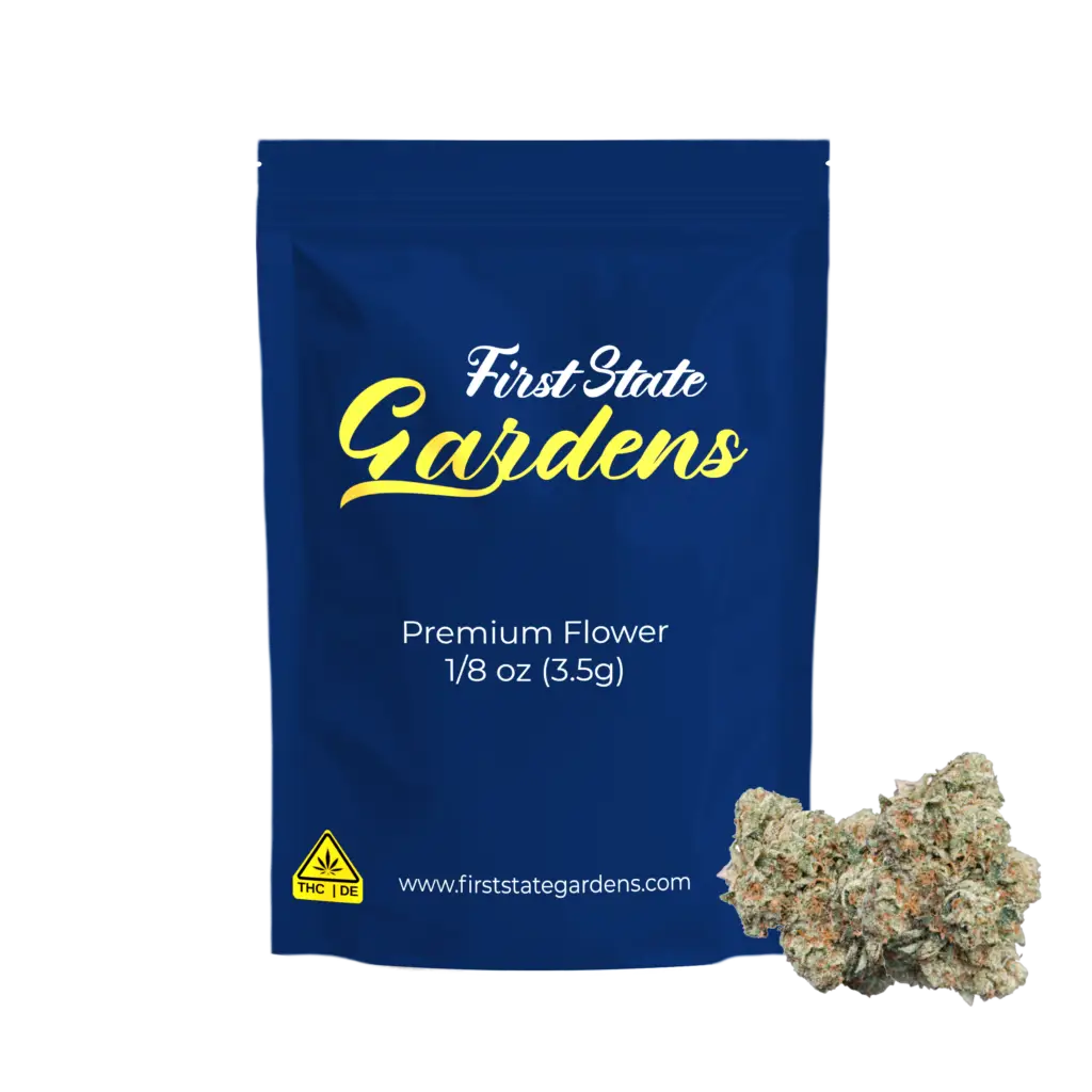 First State Gardens Air Force 1 strain premium cannabis flower 3.5g eighth package with blue branded bag and marijuana buds Delaware - Bear Lewes Milford Smyrna Clayton dispensaries
