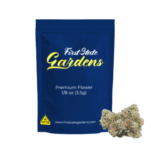 First State Gardens Air Force 1 strain premium cannabis flower 3.5g eighth package with blue branded bag and marijuana buds Delaware - Bear Lewes Milford Smyrna Clayton dispensaries