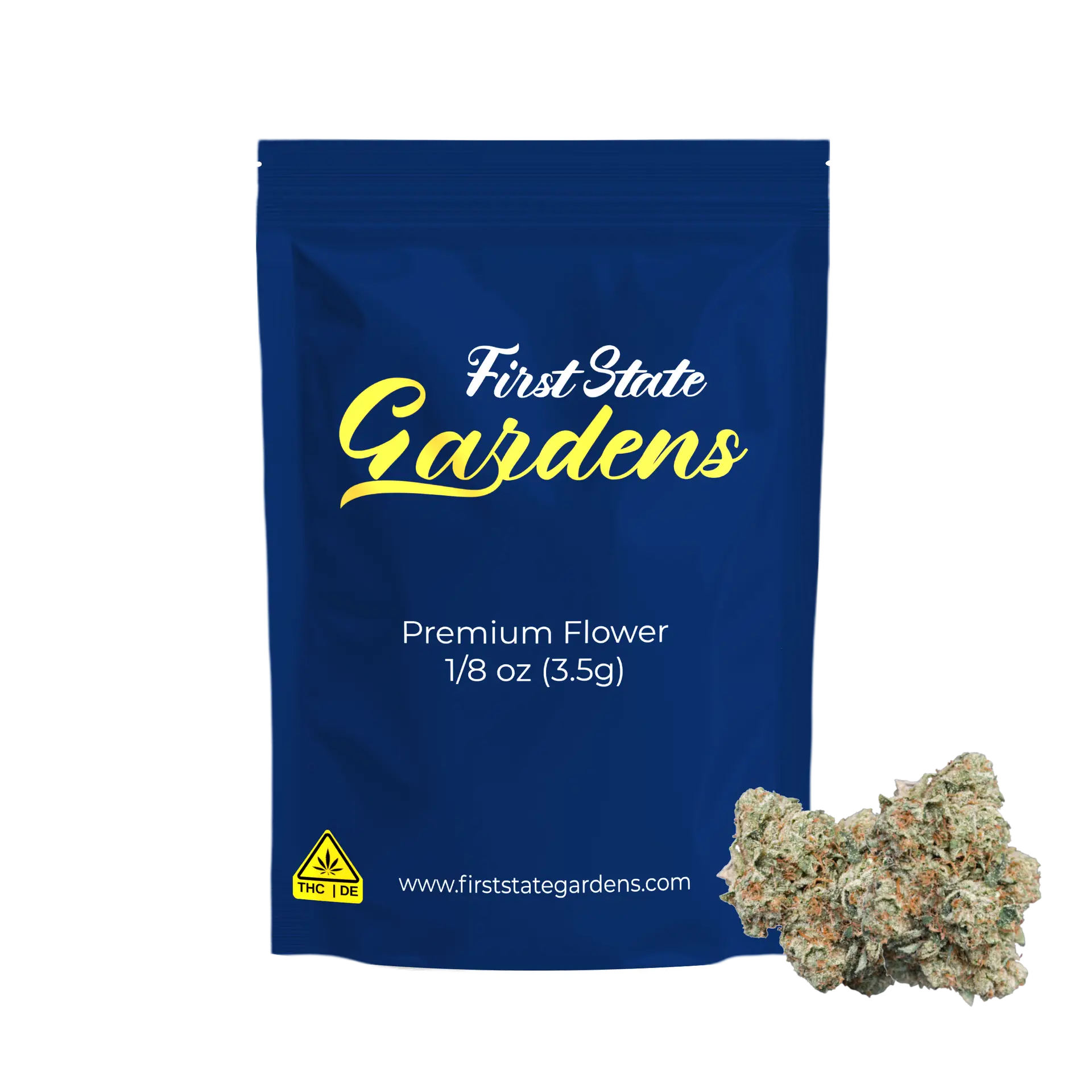 First State Gardens Air Force 1 strain premium cannabis flower 3.5g eighth package with blue branded bag and marijuana buds Delaware - Bear Lewes Milford Smyrna Clayton dispensaries