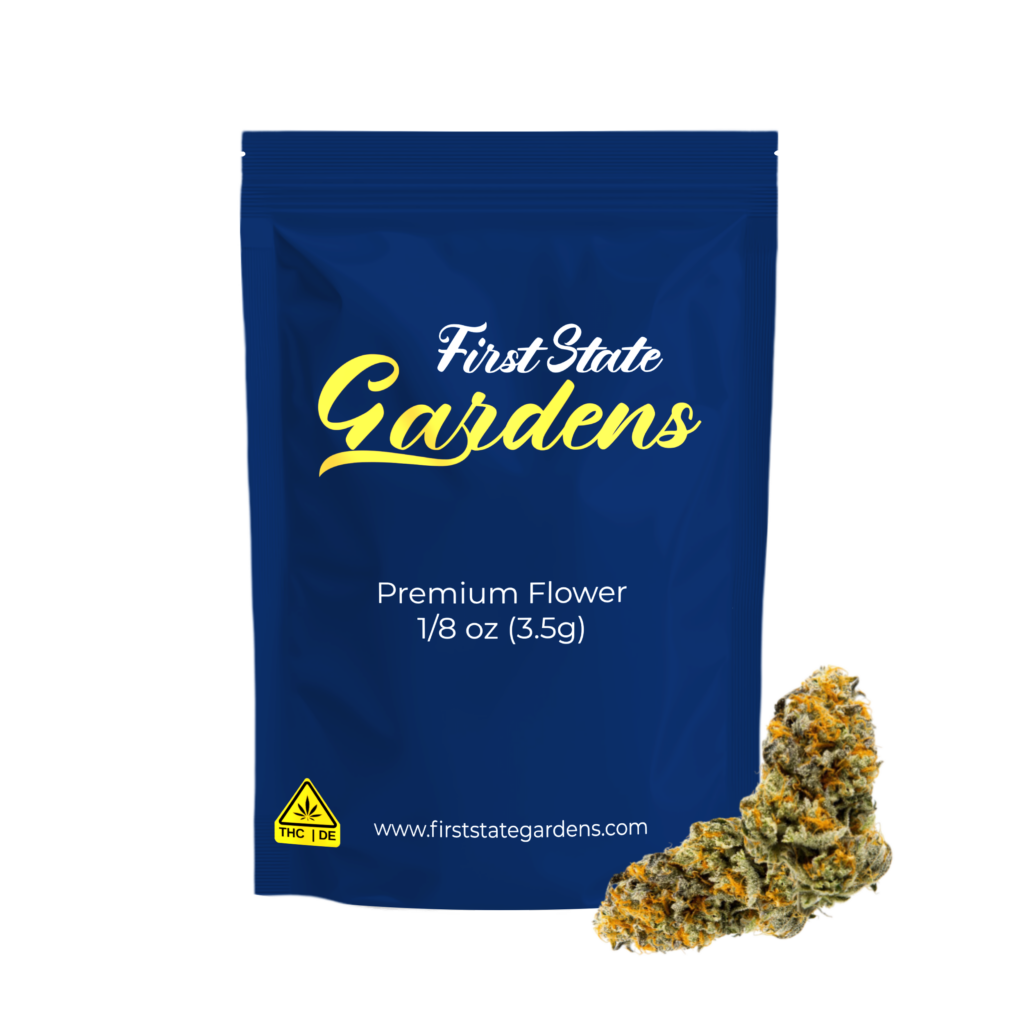 First State Gardens premium flower bag for Clockwork Pineapple strain 3.5g cannabis product with navy blue packaging and gold branding Delaware - Laurel Wilmington Newark Dover Middletown dispensaries