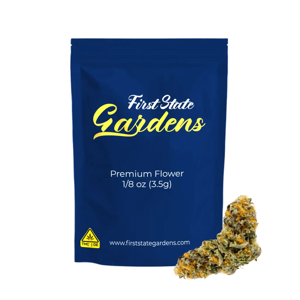 First State Gardens premium flower bag for Clockwork Pineapple strain 3.5g cannabis product with navy blue packaging and gold branding Delaware - Laurel Wilmington Newark Dover Middletown dispensaries