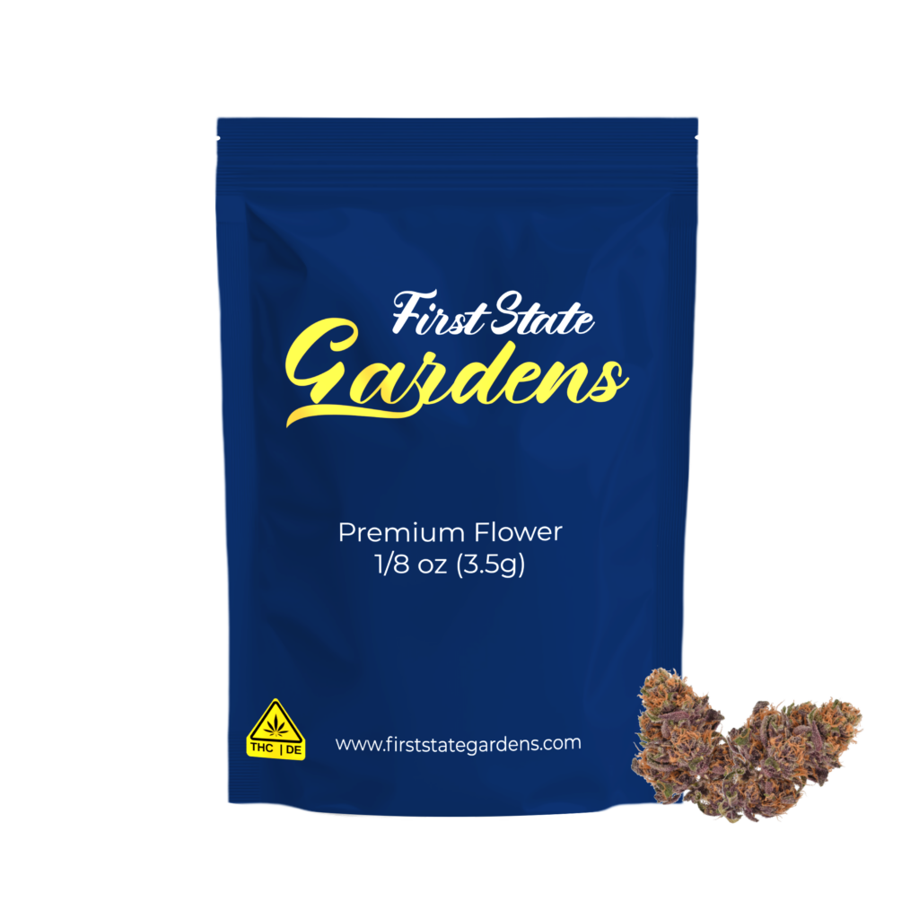 First State Gardens premium flower bag for Mimosa strain 3.5g cannabis product with navy blue packaging and gold branding Delaware - Camden Harrington Millsboro Bethany Beach Fenwick Island dispensaries
