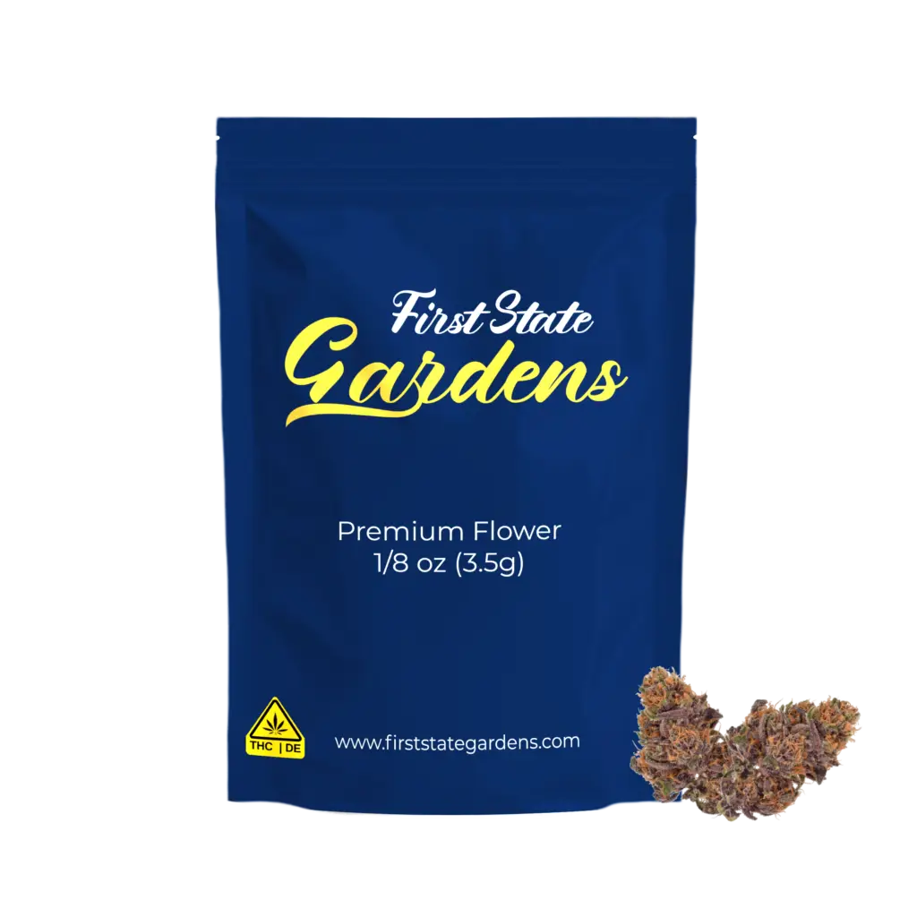 First State Gardens premium flower bag for Mimosa strain 3.5g cannabis product with navy blue packaging and gold branding Delaware - Camden Harrington Millsboro Bethany Beach Fenwick Island dispensaries