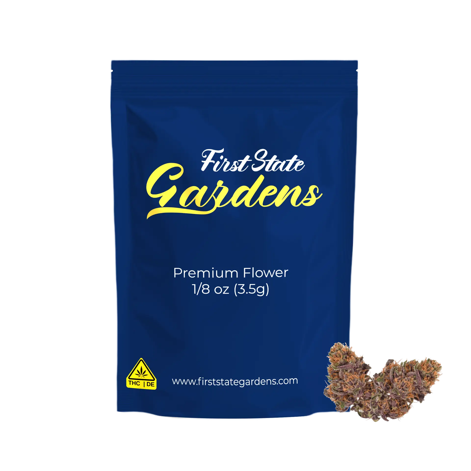 First State Gardens premium flower bag for Mimosa strain 3.5g cannabis product with navy blue packaging and gold branding Delaware - Camden Harrington Millsboro Bethany Beach Fenwick Island dispensaries