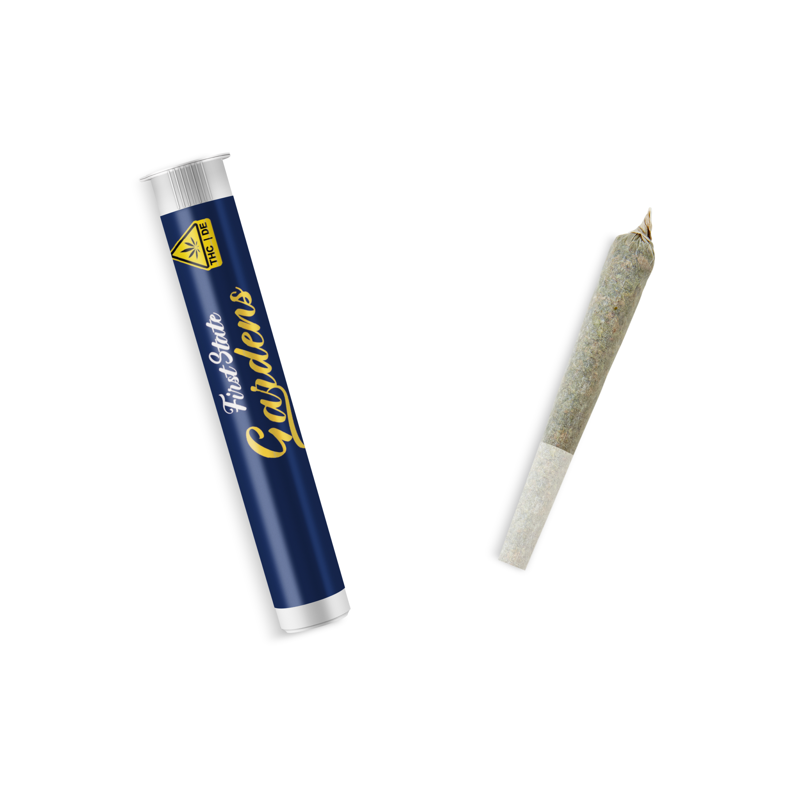 Air Force 1 cannabis pre-roll next to First State Gardens branded blue pre-roll tube