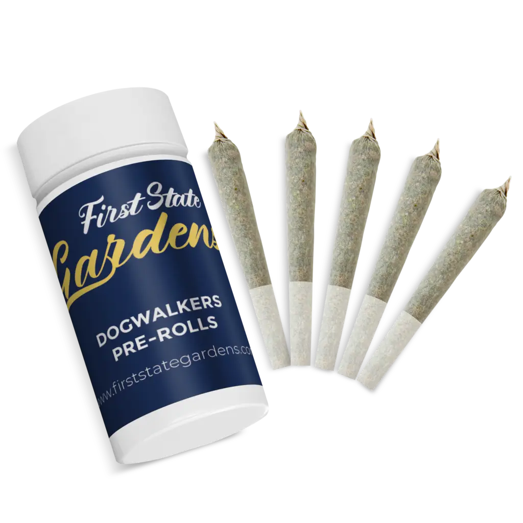 Air Force 1 Dogwalkers pre-rolls with First State Gardens branded jar packaging