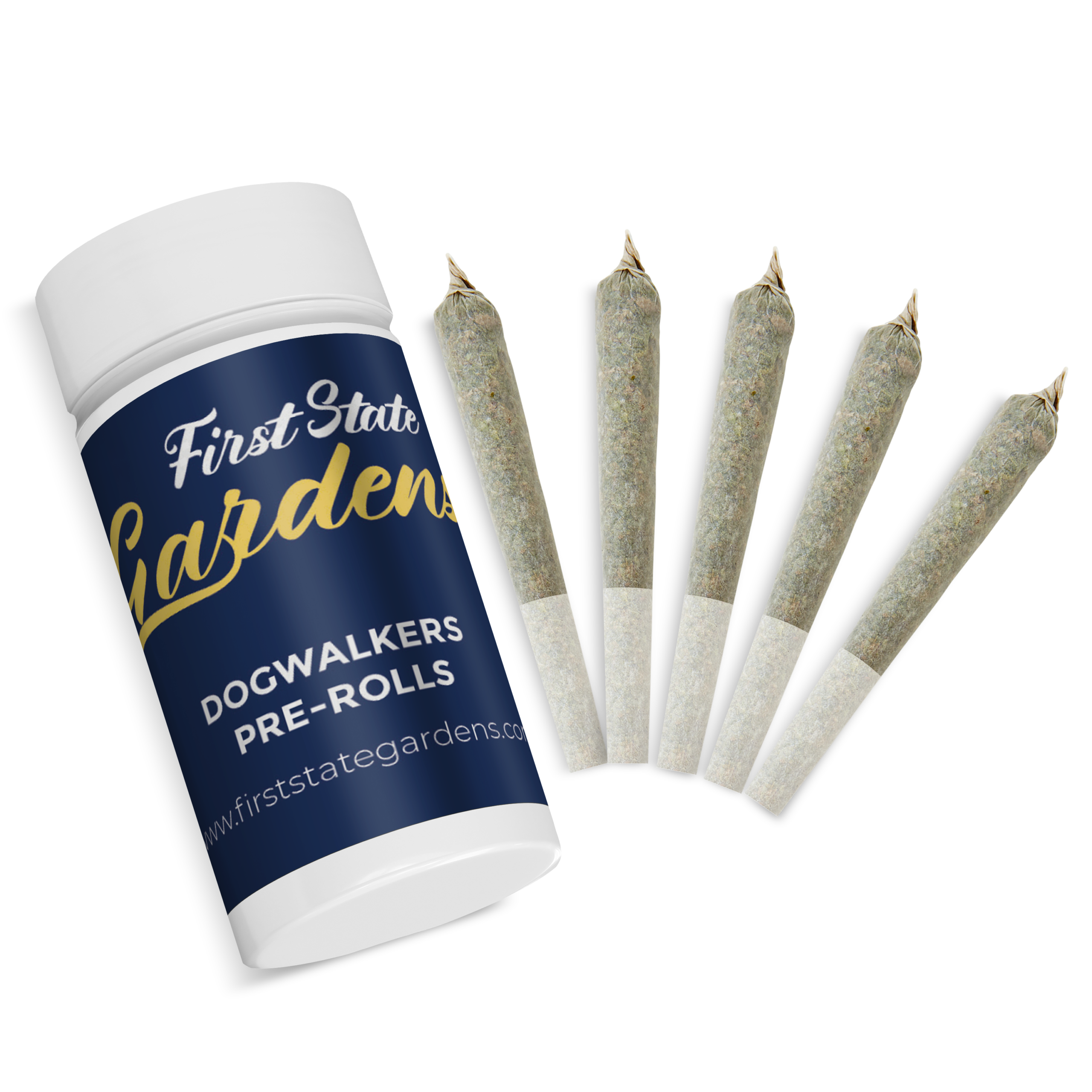 Air Force 1 Dogwalkers pre-rolls with First State Gardens branded jar packaging