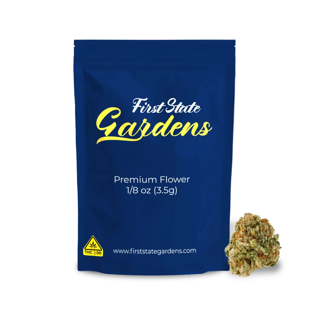 First State Gardens Grape Soda premium cannabis flower 3.5g packaging with bud