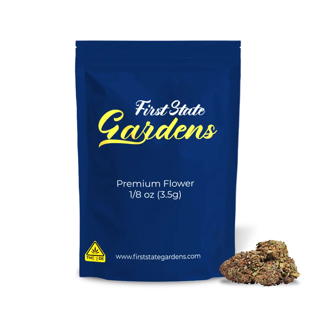 First State Gardens Lemon Cherry Runtz premium cannabis flower 3.5g packaging with bud