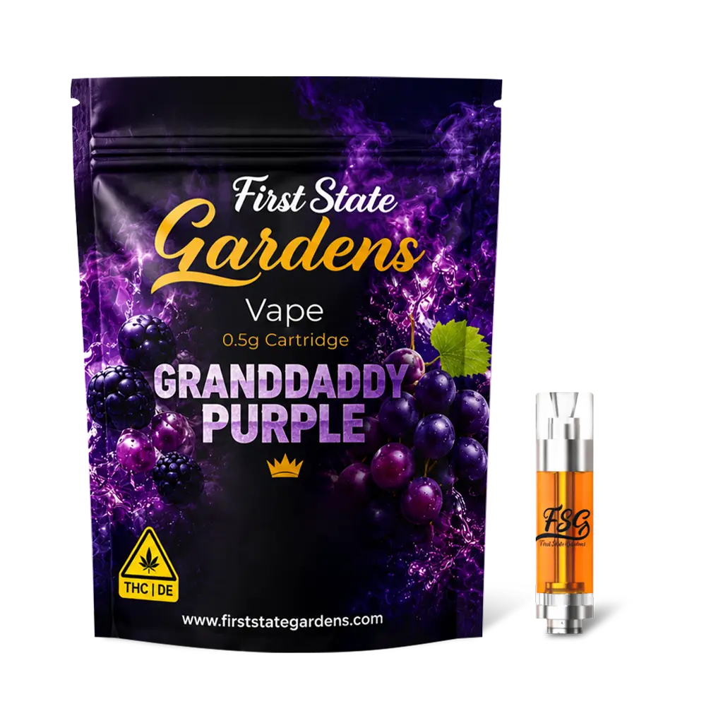 First State Gardens Granddaddy Purple 0.5g vape cartridge packaging with grape and berry artwork available in Wilmington Delaware dispensaries