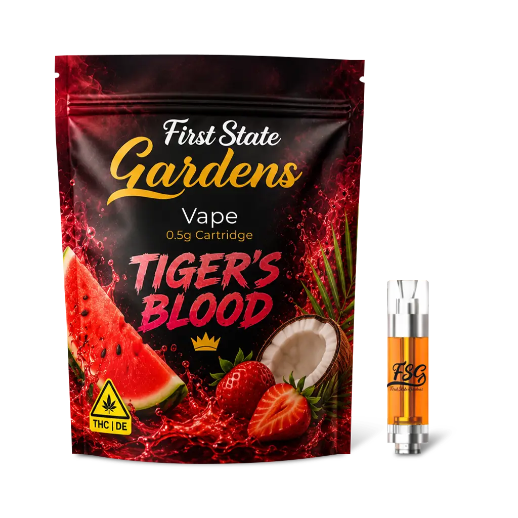 First State Gardens Tiger’s Blood 0.5g vape cartridge packaging featuring watermelon strawberry and coconut artwork