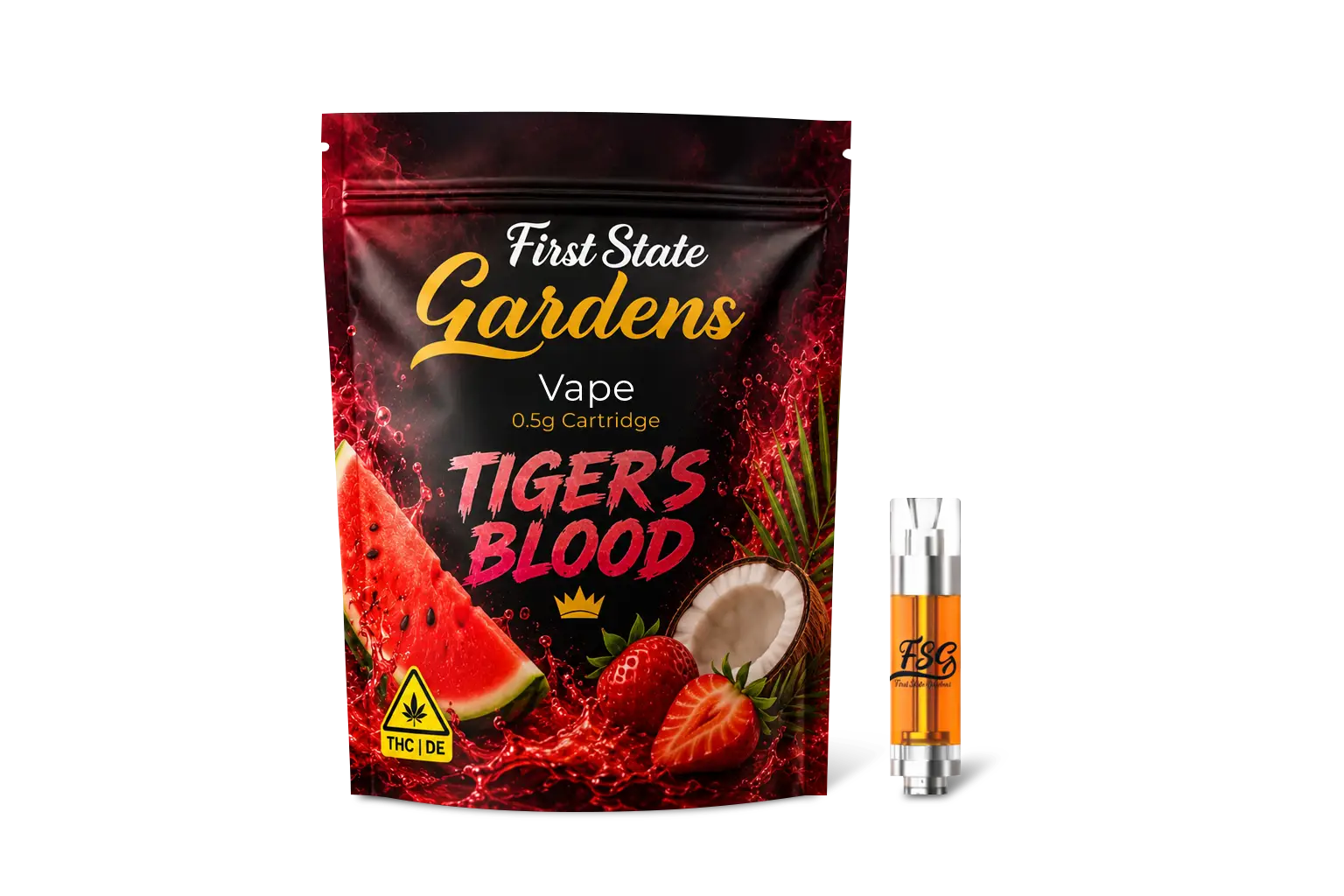 First State Gardens Tiger’s Blood 0.5g vape cartridge packaging featuring watermelon strawberry and coconut artwork