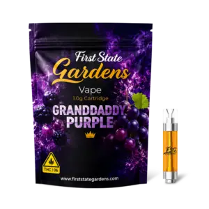 First State Gardens Granddaddy Purple 1g vape cartridge with blackberry and grape themed packaging in Delaware