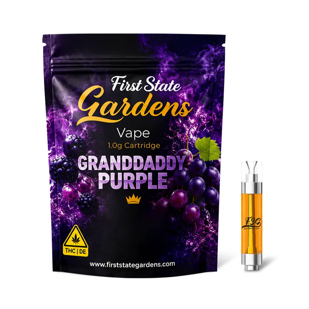 First State Gardens Granddaddy Purple 1g vape cartridge with blackberry and grape themed packaging in Delaware