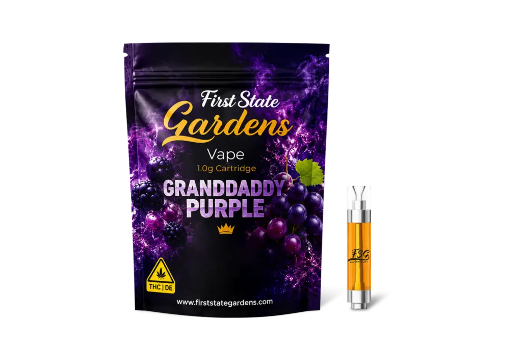 First State Gardens Granddaddy Purple 1g vape cartridge with blackberry and grape themed packaging in Delaware