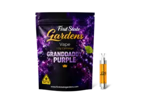 First State Gardens Granddaddy Purple 1g vape cartridge with blackberry and grape themed packaging in Delaware