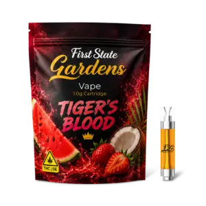 First State Gardens Tiger’s Blood 1g vape cartridge with tropical fruit design and premium cannabis vape hardware