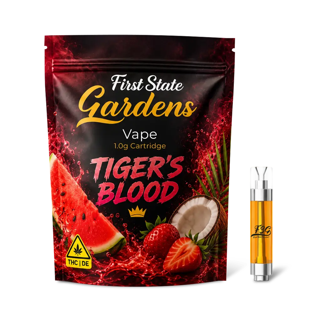 First State Gardens Tiger’s Blood 1g vape cartridge with tropical fruit design and premium cannabis vape hardware