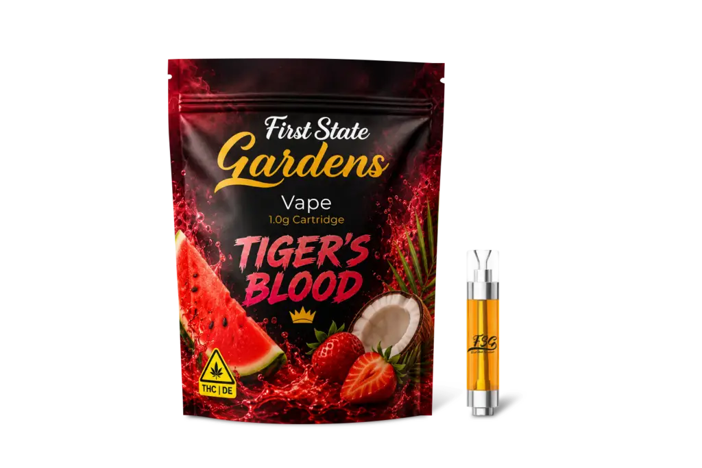 First State Gardens Tiger’s Blood 1g vape cartridge with tropical fruit design and premium cannabis vape hardware