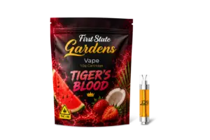 First State Gardens Tiger’s Blood 1g vape cartridge with tropical fruit design and premium cannabis vape hardware