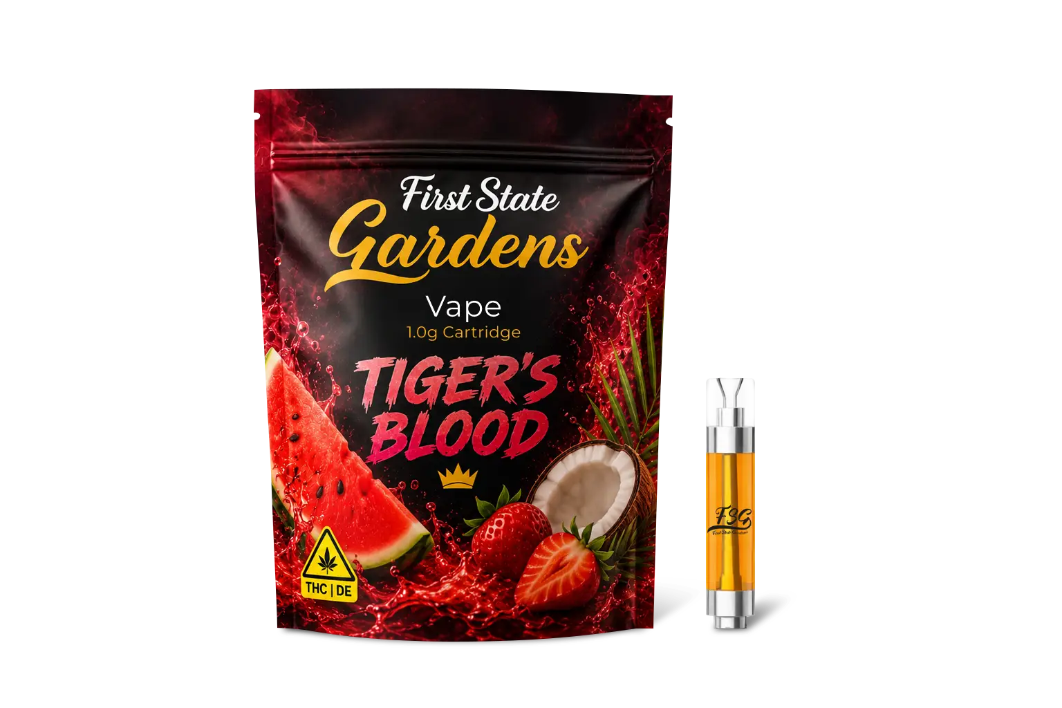 First State Gardens Tiger’s Blood 1g vape cartridge with tropical fruit design and premium cannabis vape hardware